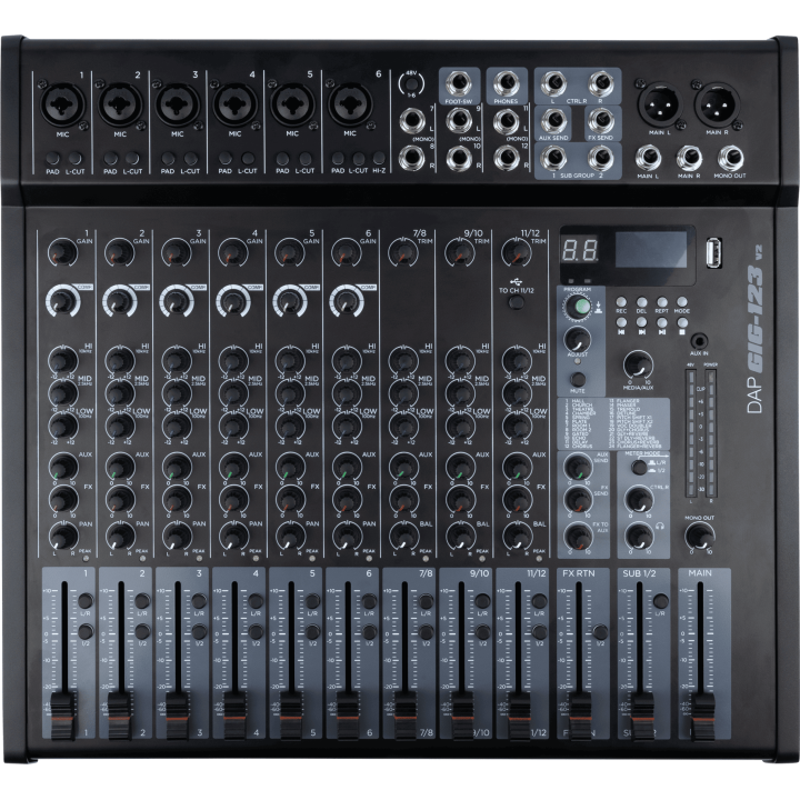 D2403 DAP GIG-123 V2 Mixer analogico a 12 canali con FX 3 ingressi di linea stereo XLR con EQ a 3 bande KaotikaStore